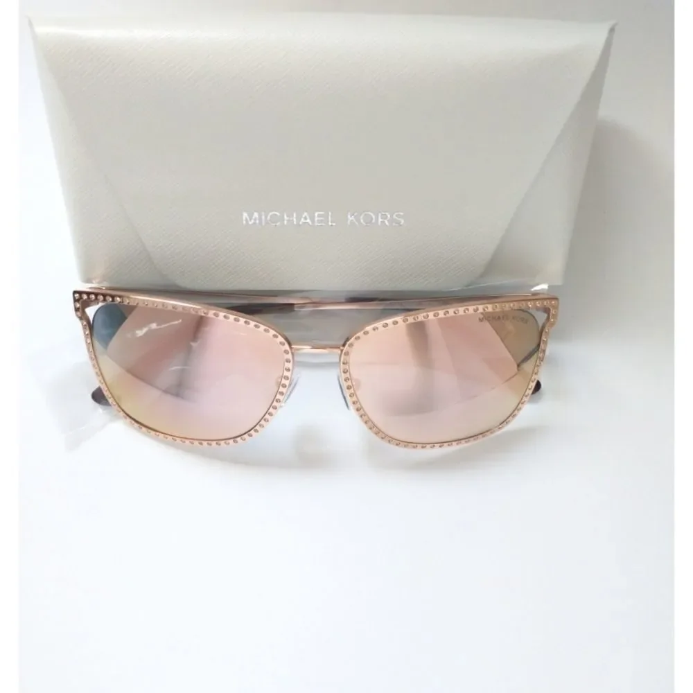 New! MICHAEL KORS Women's Stockholm Mirror Square Sunglasses With Case Rose Gold